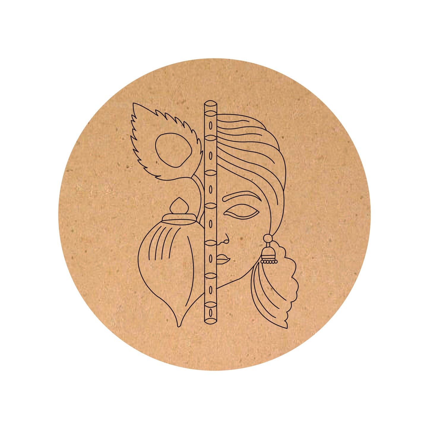 Krishna Face Flute Peacock Feather Design Round Base MDF