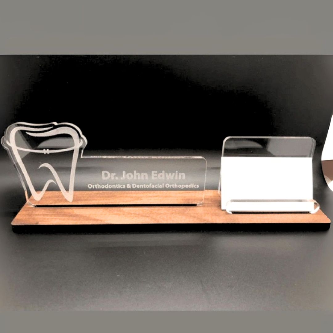 Acrylic & Wood Dentist Card Holder – Custom Tooth Nameplate