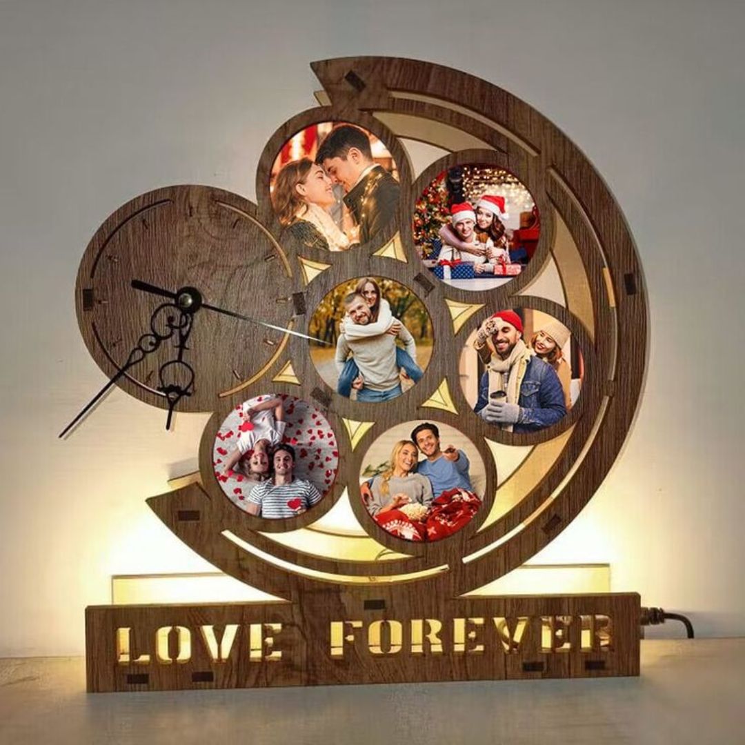 Personalized Wooden LED Lamp Clock with Photo