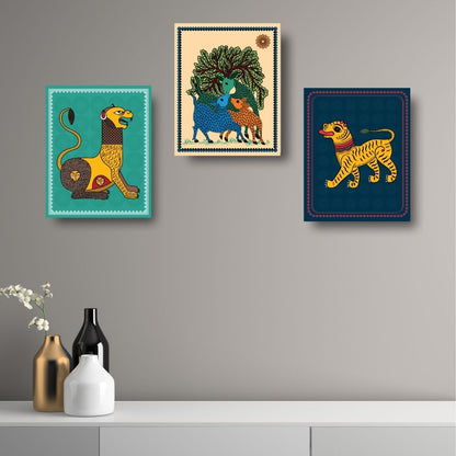 Mystical Jungle Trio: Handcrafted Folk-Art Animal Plaques