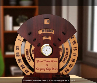 Customized Wooden Calendar With Desk Organizer & Clock.