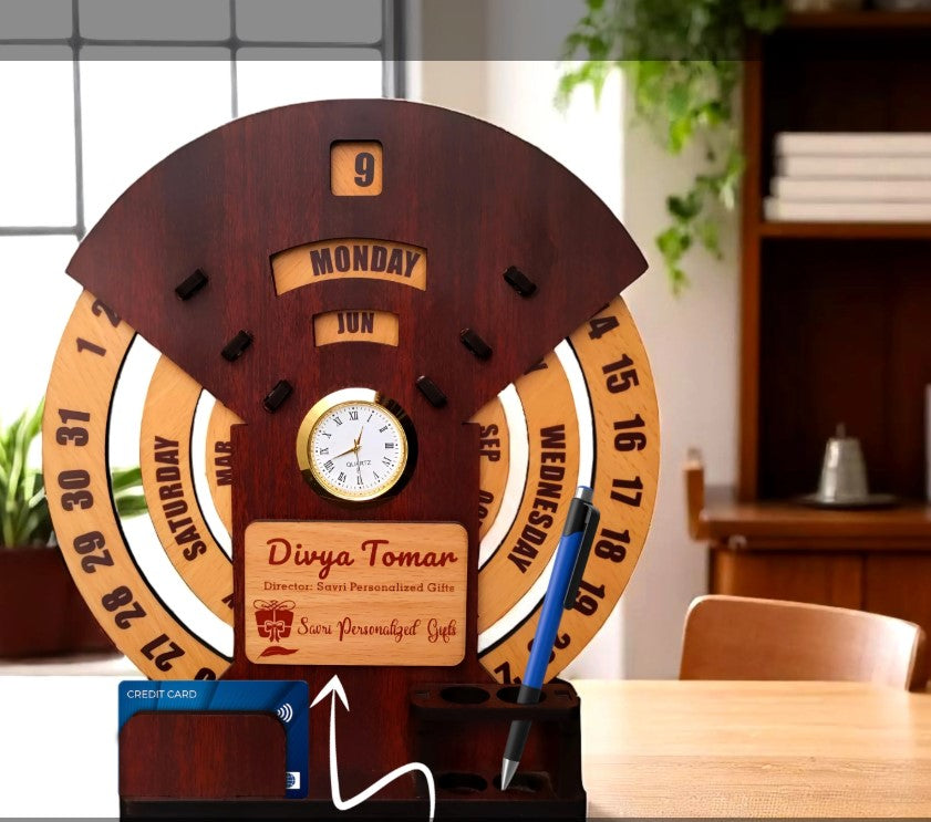 Customized Wooden Calendar With Desk Organizer & Clock.